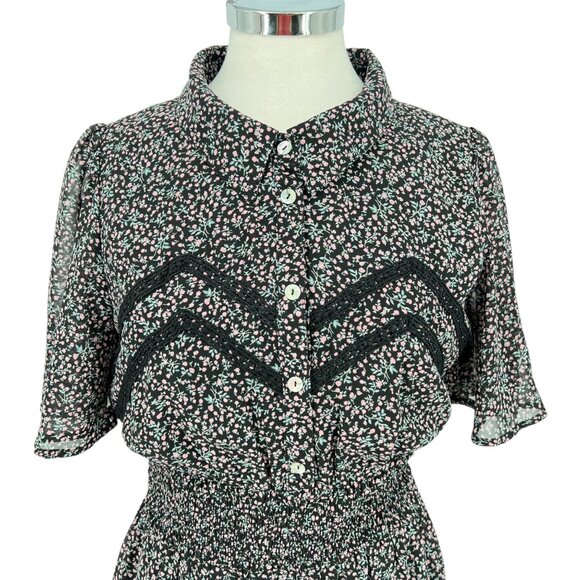 Very J Floral Sheer Shirt Dress Short Flutter Sleeve Mini Length Size Medium - Picture 2 of 13